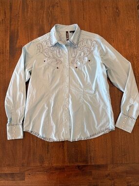 RU Cowgirl Light Blue Western-Style Embroidered women’s Button- Down